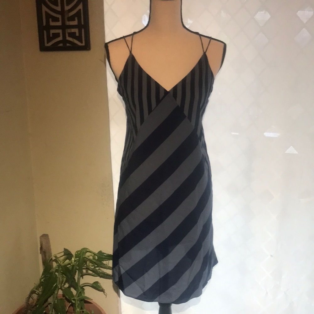 Y2K Navy Blue and Grey Striped V-Neck Mini Dress with Tie Back Detail Sleeveless